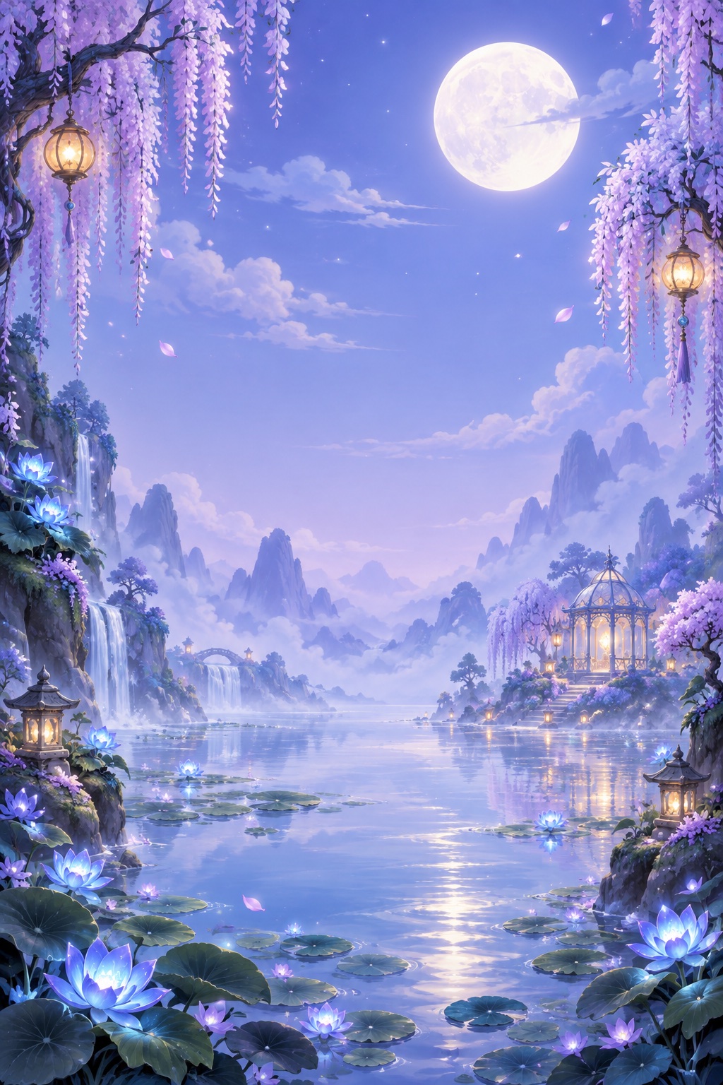 Lavender lily garden beneath a pearl moon